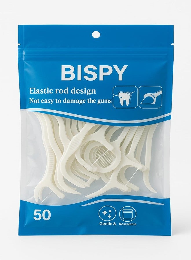 Bispy Dental Floss Picks for Teeth Cleaning - 50 Count | Elastic Rod Design | Gentle on Gums | Oral Hygiene Tool with Resealable Pack | Floss Sticks for Deep Cleaning - Image 1
